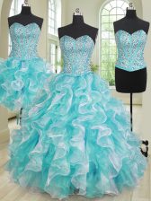 Fabulous Three Piece Blue And White Sweetheart Neckline Beading and Ruffles Sweet 16 Dresses Sleeveless Lace Up