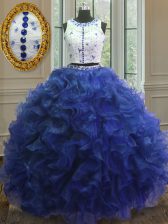 Dazzling Royal Blue Scoop Clasp Handle Appliques and Ruffles Quince Ball Gowns Sleeveless