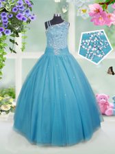 Latest Ball Gowns Little Girls Pageant Dress Teal Asymmetric Tulle Sleeveless Floor Length Side Zipper