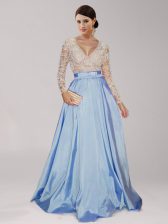  Taffeta V-neck Long Sleeves Zipper Beading and Belt Prom Dress in Light Blue