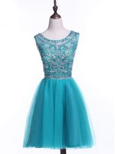  Scoop Sleeveless Prom Dress Mini Length Beading and Sequins Teal Tulle