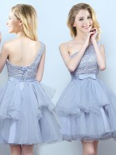 Custom Made Mini Length Grey Dama Dress One Shoulder Sleeveless Lace Up