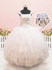Pretty White Straps Lace Up Beading and Ruffled Layers Flower Girl Dresses for Less Cap Sleeves