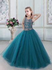 Perfect Scoop Teal Ball Gowns Beading Little Girls Pageant Gowns Lace Up Tulle Sleeveless Floor Length