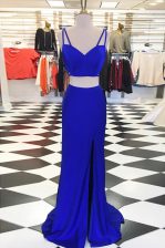 Modest Elastic Woven Satin Scoop Sleeveless Sweep Train Zipper Ruching Prom Gown in Royal Blue