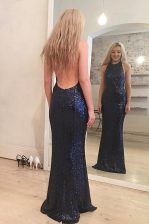 Mermaid Scoop Navy Blue Sleeveless Floor Length Sequins Backless Prom Dresses