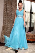 Enchanting Baby Blue Column/Sheath V-neck Sleeveless Chiffon Ankle Length Side Zipper Beading and Appliques and Ruching 