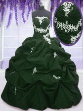  Dark Green and Peacock Green Sweet 16 Dress Military Ball and Sweet 16 and Quinceanera with Appliques and Pick Ups Strapless Sleeveless Lace Up