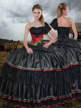 Smart Black One Shoulder Lace Up Embroidery Sweet 16 Quinceanera Dress Sweep Train Sleeveless