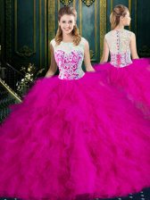  Fuchsia Ball Gowns Tulle Scoop Sleeveless Lace and Ruffles Floor Length Zipper Quince Ball Gowns