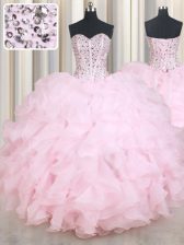 New Style Beading and Ruffles Quinceanera Dresses Baby Pink Lace Up Sleeveless Floor Length