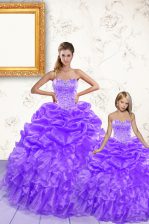  Sleeveless Floor Length Beading and Ruffles and Pick Ups Lace Up Vestidos de Quinceanera with Lavender