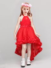 Chic A-line Flower Girl Dresses for Less Red Halter Top Organza Sleeveless High Low Zipper