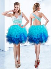 Vintage Aqua Blue Organza Criss Cross One Shoulder Sleeveless Knee Length Evening Dress Beading and Ruffles