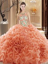 High Quality Sleeveless Court Train Embroidery and Ruffles Backless Sweet 16 Quinceanera Dress