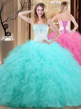 Graceful Strapless Sleeveless Sweet 16 Quinceanera Dress Floor Length Embroidery Blue Tulle