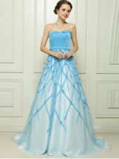 Edgy A-line Dress for Prom Baby Blue Strapless Tulle Sleeveless Floor Length Zipper