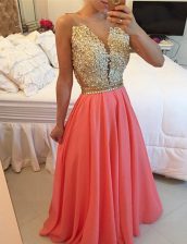  Chiffon V-neck Sleeveless Backless Beading and Appliques Prom Party Dress in Watermelon Red