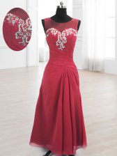  Scoop Floor Length Wine Red Prom Party Dress Chiffon Sleeveless Beading and Ruching