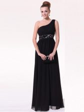  Black One Shoulder Neckline Beading Prom Evening Gown Sleeveless Side Zipper