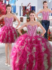 Inexpensive Three Piece Organza Sweetheart Sleeveless Lace Up Beading Sweet 16 Quinceanera Dress in White and Hot Pink