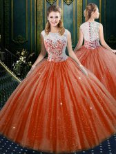 Custom Fit High-neck Sleeveless Sweet 16 Quinceanera Dress Floor Length Lace Orange Red Tulle