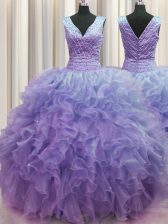 Unique Zipper Up V-neck Sleeveless Zipper Vestidos de Quinceanera Lavender Organza