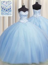  Bling-bling Big Puffy Light Blue Lace Up Quince Ball Gowns Beading Sleeveless Floor Length