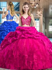  Fuchsia Zipper V-neck Lace and Ruffles and Pick Ups 15th Birthday Dress Taffeta and Tulle Sleeveless Brush Train