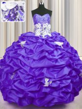  Purple Taffeta Lace Up Sweetheart Sleeveless With Train Sweet 16 Dresses Brush Train Appliques and Sequins and Pick Ups