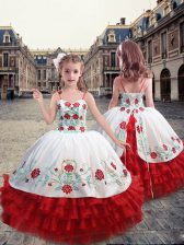  White and Red Ball Gowns Straps Sleeveless Organza Floor Length Lace Up Embroidery and Ruffles Kids Pageant Dress