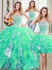  Three Piece Turquoise 15th Birthday Dress Military Ball and Sweet 16 and Quinceanera with Beading and Ruffles and Sequins Sweetheart Sleeveless Lace Up