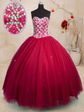  Red Lace Up 15 Quinceanera Dress Beading Sleeveless Floor Length