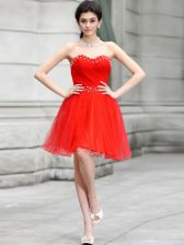 Fashionable Coral Red Sleeveless Beading Knee Length Prom Evening Gown