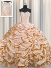 Dazzling Brush Train Sleeveless Taffeta Sweep Train Lace Up 15th Birthday Dress in Peach with Beading and Pick Ups