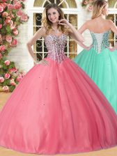  Sweetheart Sleeveless Quinceanera Gown Floor Length Beading Coral Red Tulle