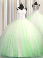  See Through Zipple Up V-neck Zipper Beading and Appliques Quinceanera Gowns Brush Train Sleeveless