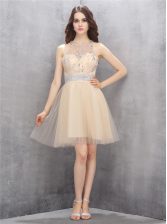 Stylish Champagne A-line Tulle Scoop Sleeveless Beading Knee Length Zipper Prom Dresses