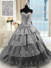 Gorgeous Ruffled Grey Sleeveless Taffeta Court Train Lace Up Quinceanera Dress for Military Ball and Sweet 16 and Quinceanera