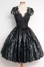 Best Selling Lace Knee Length Ball Gowns Cap Sleeves Black Prom Dress Zipper