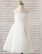 White A-line Tulle Scoop Sleeveless Lace Floor Length Clasp Handle Flower Girl Dress