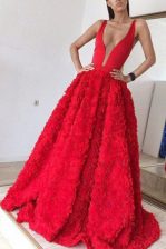 Best Red Satin Zipper Prom Evening Gown Sleeveless With Brush Train Appliques
