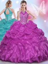 Custom Fit Pick Ups Halter Top Sleeveless Lace Up Vestidos de Quinceanera Fuchsia Organza