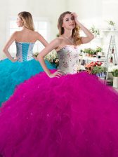  Sleeveless Floor Length Beading and Ruffles Lace Up Sweet 16 Quinceanera Dress with Fuchsia