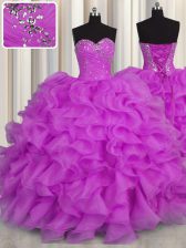 Elegant Sleeveless Floor Length Beading and Ruffles Lace Up Vestidos de Quinceanera with Lilac