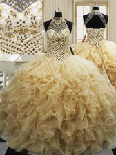 Pretty High-neck Sleeveless Tulle 15th Birthday Dress Beading and Ruffles Sweep Train Lace Up