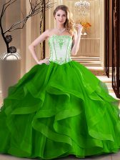  Green and Fuchsia Tulle Lace Up Quinceanera Gown Sleeveless Floor Length Embroidery