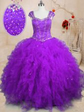 Low Price Purple Vestidos de Quinceanera Military Ball and Sweet 16 and Quinceanera with Beading and Ruffles Square Cap Sleeves Lace Up
