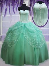 Edgy Sleeveless Tulle Floor Length Lace Up 15th Birthday Dress in Apple Green with Beading and Sequins