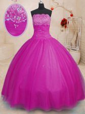  Tulle Strapless Sleeveless Lace Up Beading Sweet 16 Quinceanera Dress in Fuchsia